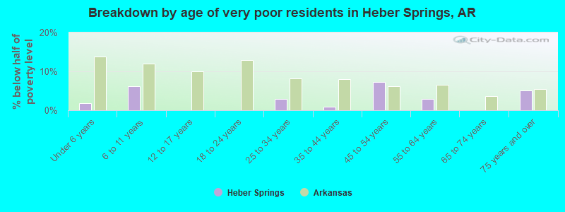 Breakdown by age of very poor residents in Heber Springs, AR