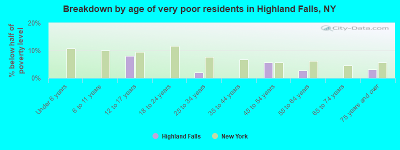 Breakdown by age of very poor residents in Highland Falls, NY