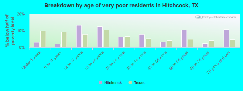Breakdown by age of very poor residents in Hitchcock, TX