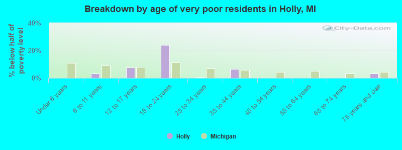 Breakdown by age of very poor residents in Holly, MI