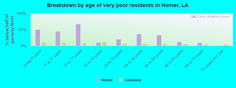 Breakdown by age of very poor residents in Homer, LA