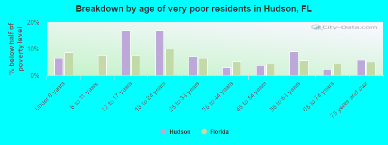 Breakdown by age of very poor residents in Hudson, FL