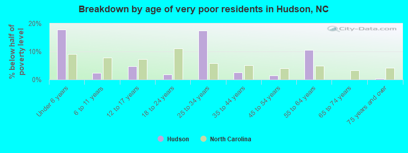 Breakdown by age of very poor residents in Hudson, NC