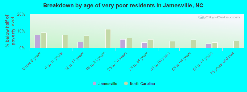 Breakdown by age of very poor residents in Jamesville, NC