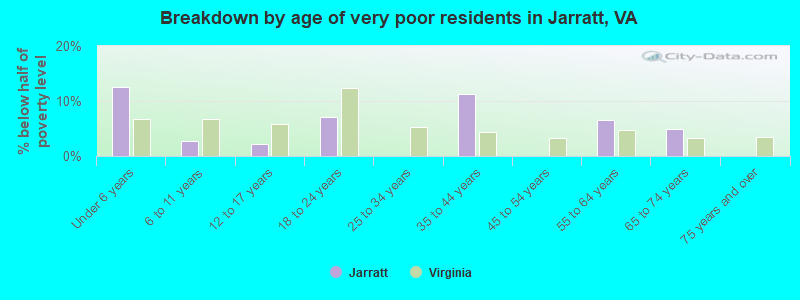 Breakdown by age of very poor residents in Jarratt, VA
