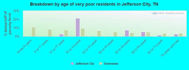Breakdown by age of very poor residents in Jefferson City, TN