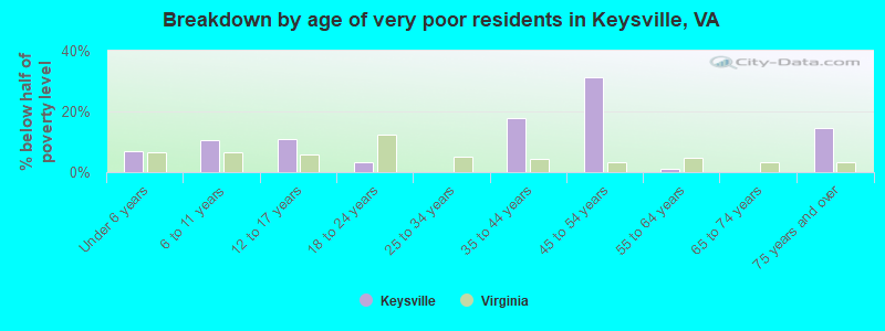 Breakdown by age of very poor residents in Keysville, VA