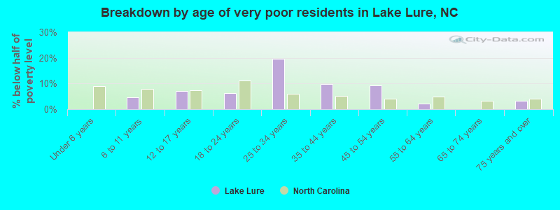 Breakdown by age of very poor residents in Lake Lure, NC