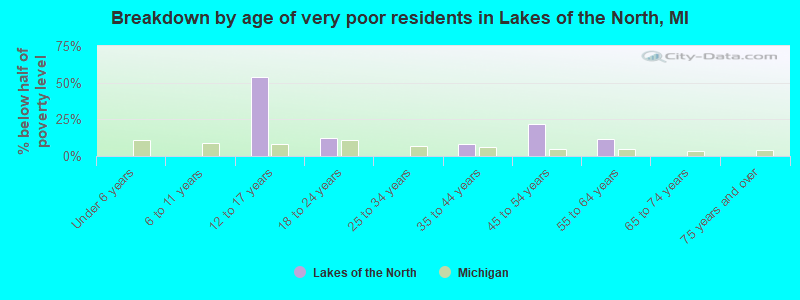Breakdown by age of very poor residents in Lakes of the North, MI