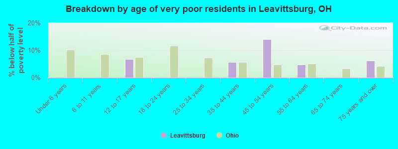 Breakdown by age of very poor residents in Leavittsburg, OH
