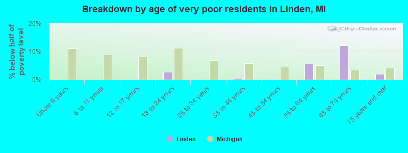 Breakdown by age of very poor residents in Linden, MI
