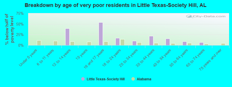 Breakdown by age of very poor residents in Little Texas-Society Hill, AL