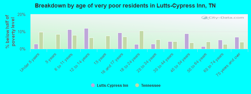 Breakdown by age of very poor residents in Lutts-Cypress Inn, TN
