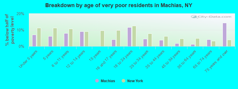 Breakdown by age of very poor residents in Machias, NY