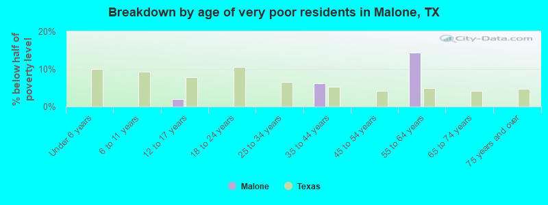 Breakdown by age of very poor residents in Malone, TX
