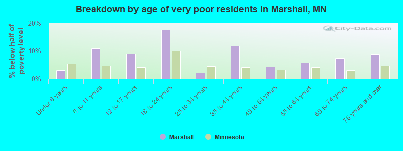 Breakdown by age of very poor residents in Marshall, MN