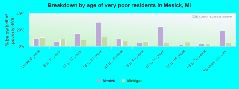Breakdown by age of very poor residents in Mesick, MI