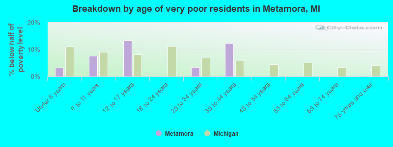 Breakdown by age of very poor residents in Metamora, MI