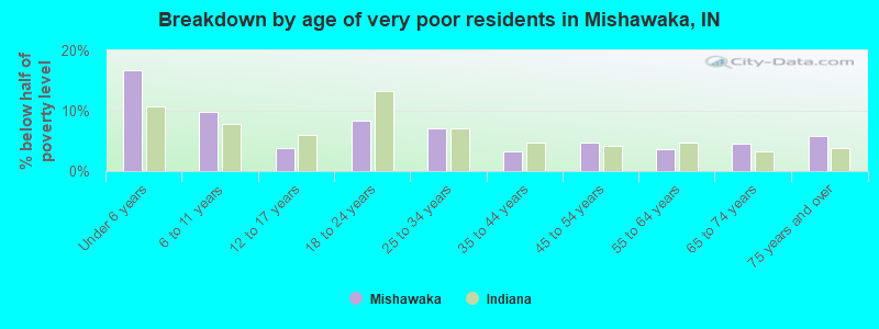 Breakdown by age of very poor residents in Mishawaka, IN