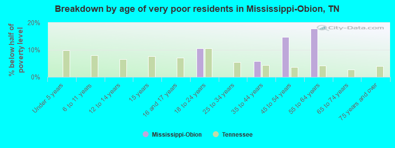 Breakdown by age of very poor residents in Mississippi-Obion, TN