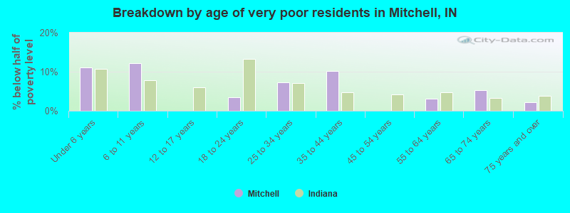 Breakdown by age of very poor residents in Mitchell, IN