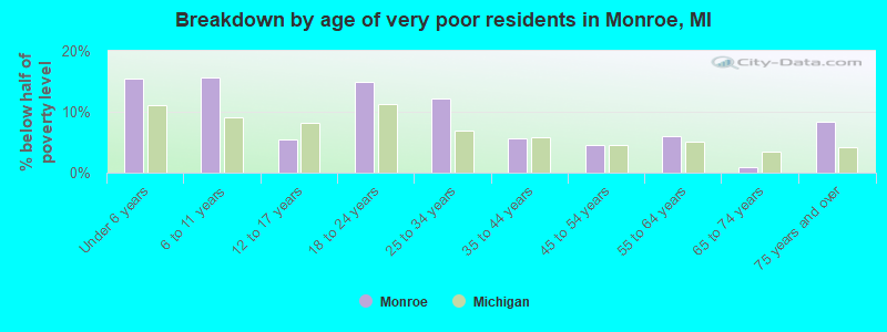 Breakdown by age of very poor residents in Monroe, MI