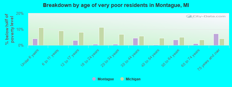Breakdown by age of very poor residents in Montague, MI