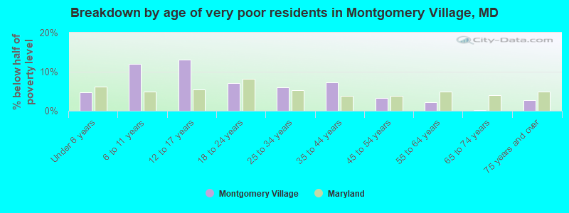Breakdown by age of very poor residents in Montgomery Village, MD