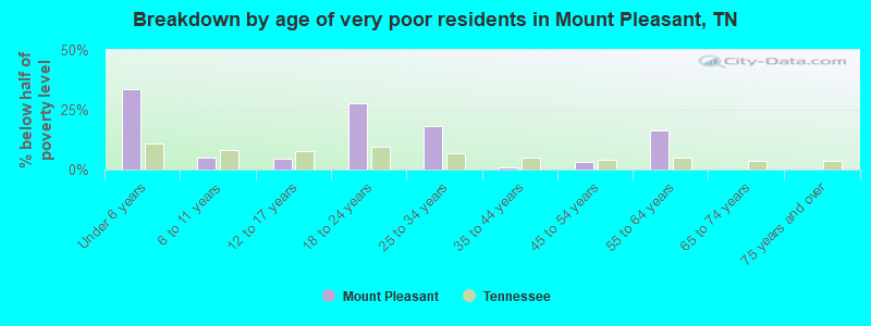 Breakdown by age of very poor residents in Mount Pleasant, TN