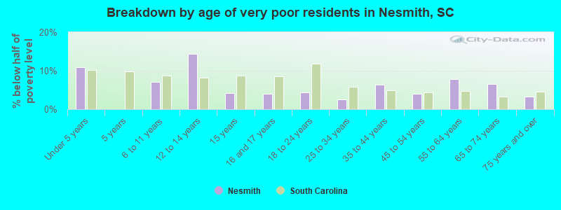Breakdown by age of very poor residents in Nesmith, SC