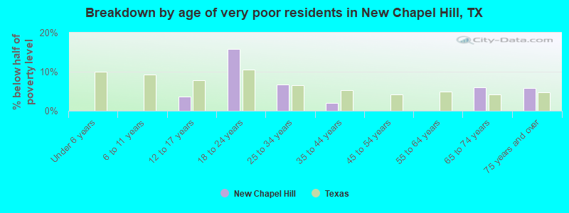 Breakdown by age of very poor residents in New Chapel Hill, TX