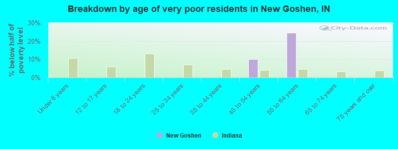 Breakdown by age of very poor residents in New Goshen, IN