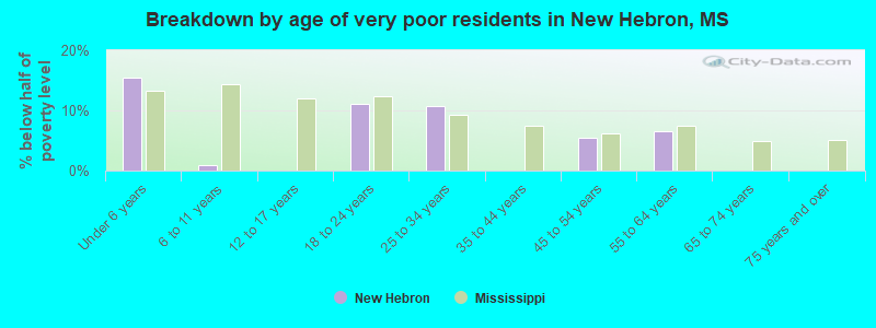 Breakdown by age of very poor residents in New Hebron, MS