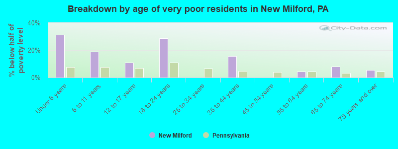 Breakdown by age of very poor residents in New Milford, PA