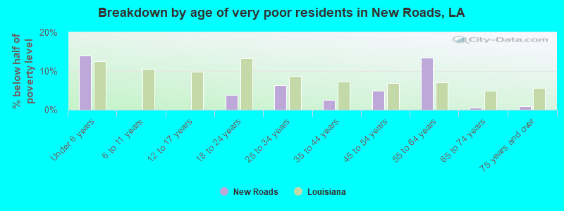 Breakdown by age of very poor residents in New Roads, LA