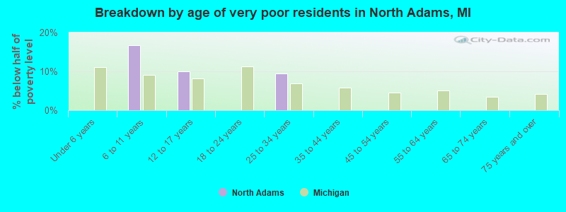 Breakdown by age of very poor residents in North Adams, MI