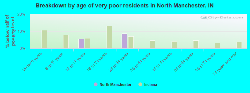 Breakdown by age of very poor residents in North Manchester, IN