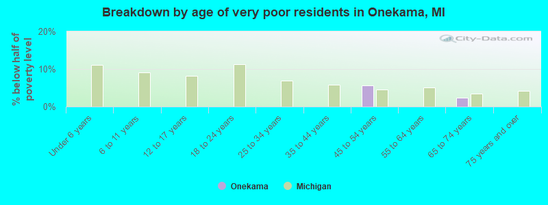 Breakdown by age of very poor residents in Onekama, MI