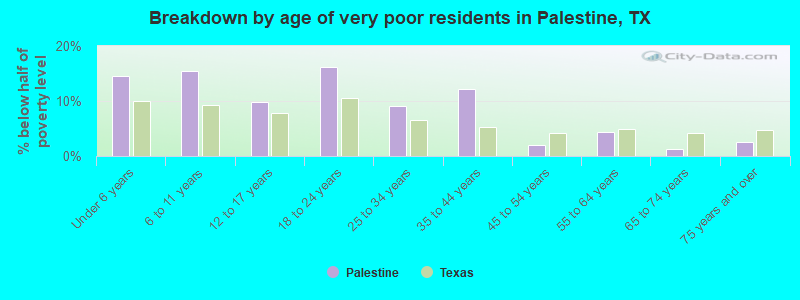 Breakdown by age of very poor residents in Palestine, TX