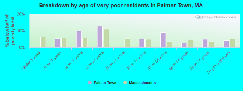 Breakdown by age of very poor residents in Palmer Town, MA