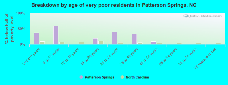 Breakdown by age of very poor residents in Patterson Springs, NC