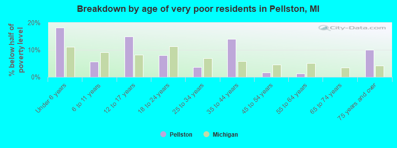 Breakdown by age of very poor residents in Pellston, MI