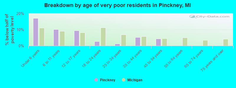 Breakdown by age of very poor residents in Pinckney, MI
