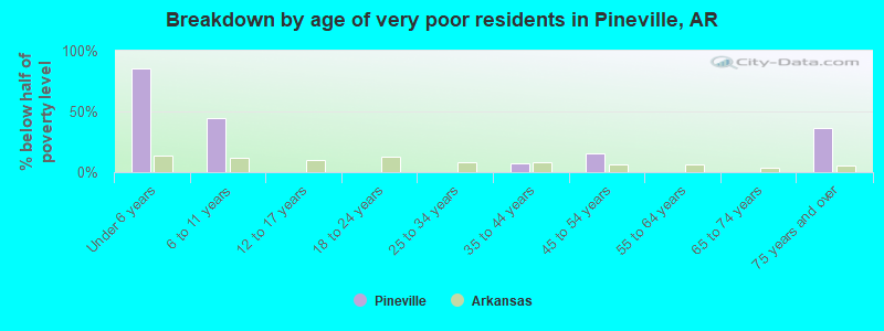 Breakdown by age of very poor residents in Pineville, AR