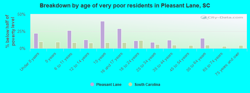 Breakdown by age of very poor residents in Pleasant Lane, SC