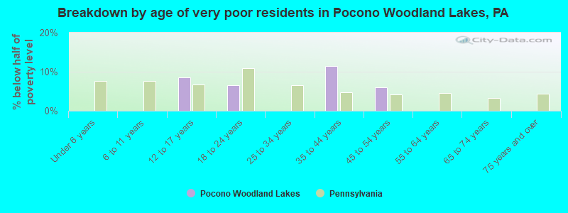 Breakdown by age of very poor residents in Pocono Woodland Lakes, PA