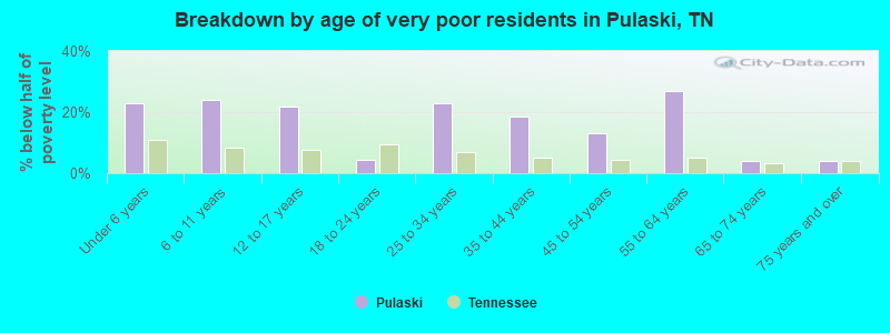 Breakdown by age of very poor residents in Pulaski, TN