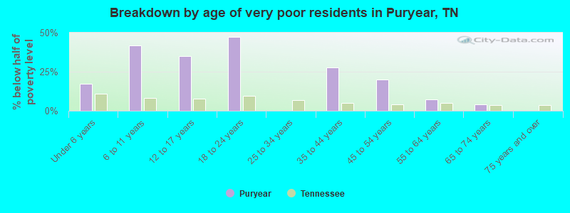 Breakdown by age of very poor residents in Puryear, TN