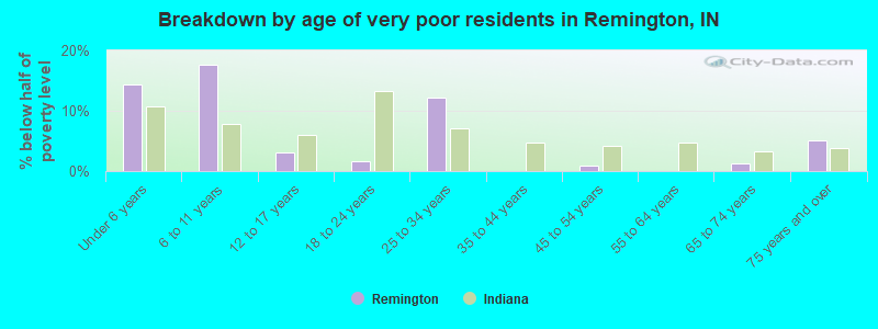Breakdown by age of very poor residents in Remington, IN