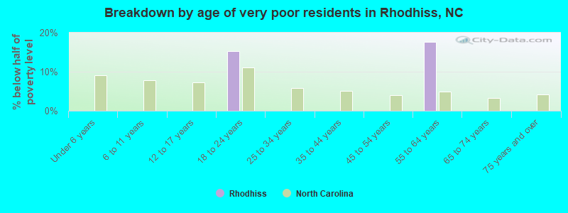Breakdown by age of very poor residents in Rhodhiss, NC